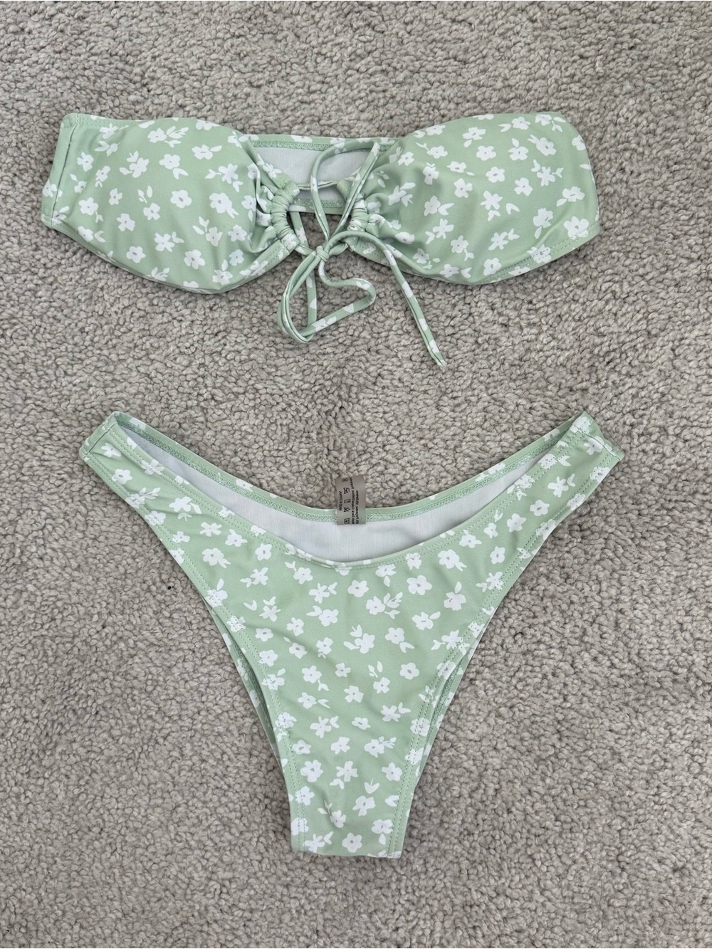 SHEIN Light Green Floral Lace-Up Bandeau Bikini